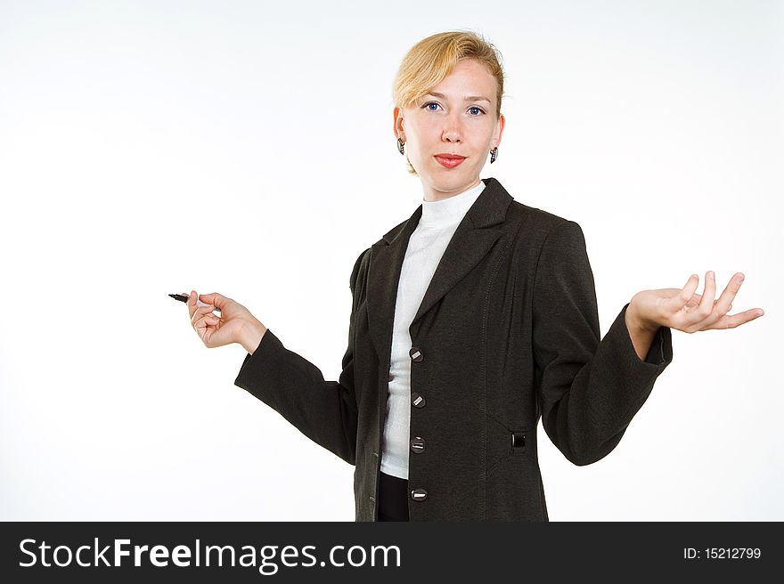 Happy successful business woman isolated over white background