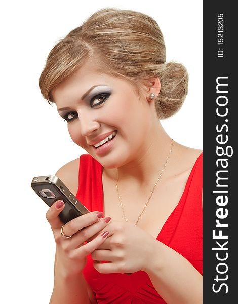 Girl with cellphone isolated over white background