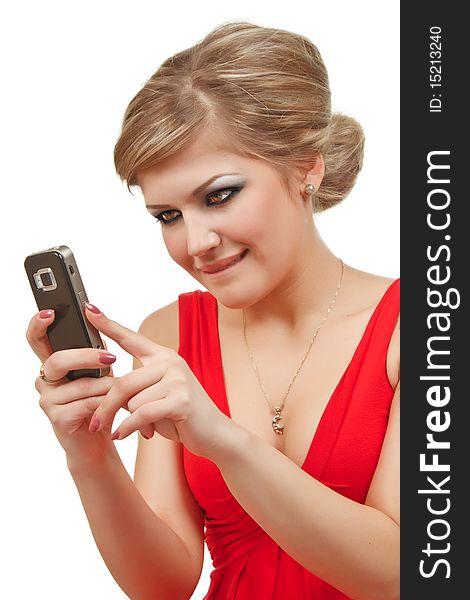 Girl with cellphone isolated over white background