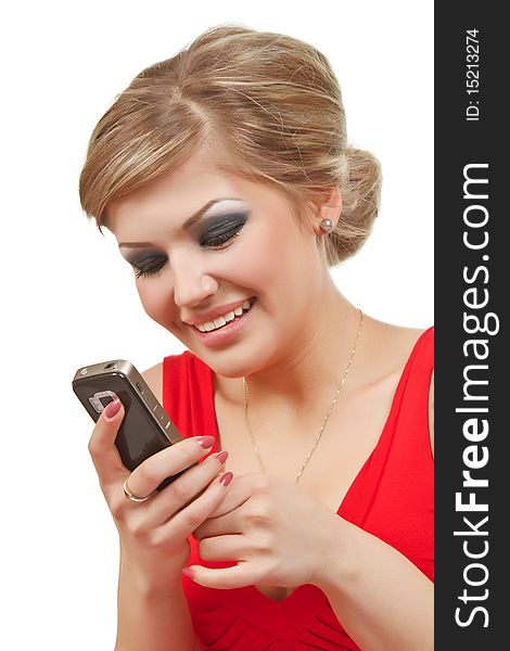 Girl with cellphone isolated over white background