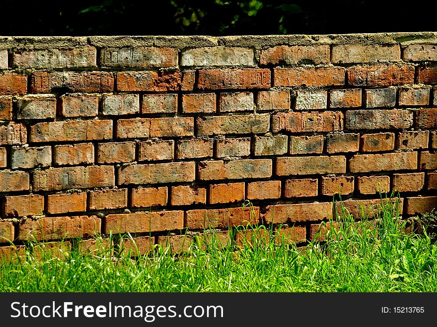 Red brick wall and green grass