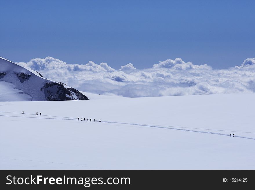 Alpinists returns from the mountain's Breithorn, August 2008. Alpinists returns from the mountain's Breithorn, August 2008