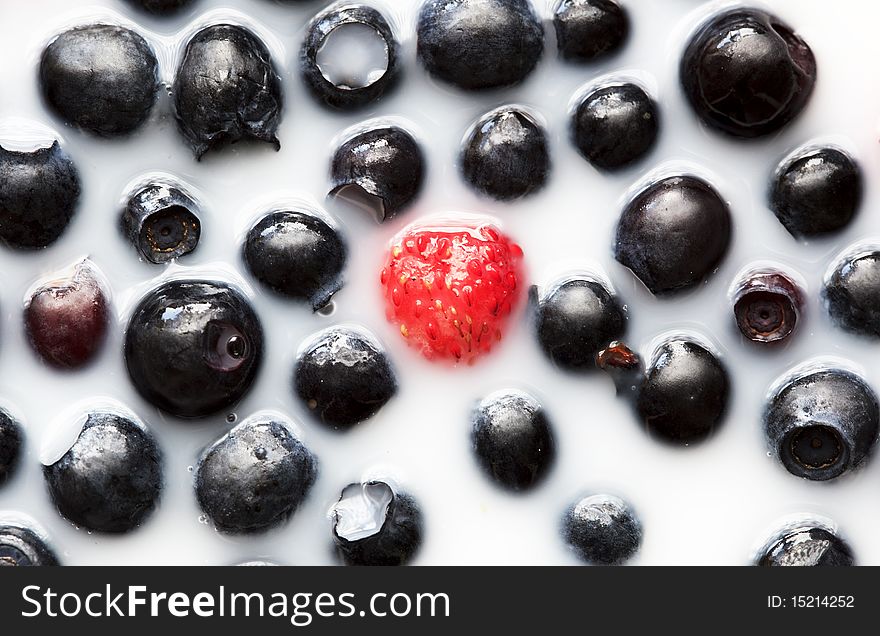 Blueberries and strawberry in white milk. Blueberries and strawberry in white milk
