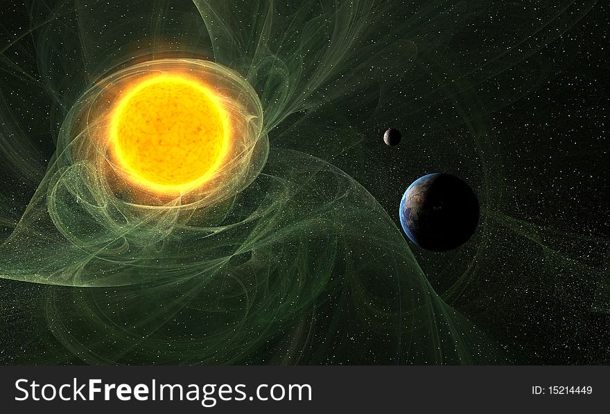 Abstract Sun with Earth and Moon in green nebula. End of Sun in green death.