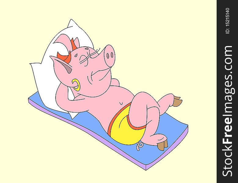 The pig sleeps on a mattress and a pillow. The pig sleeps on a mattress and a pillow