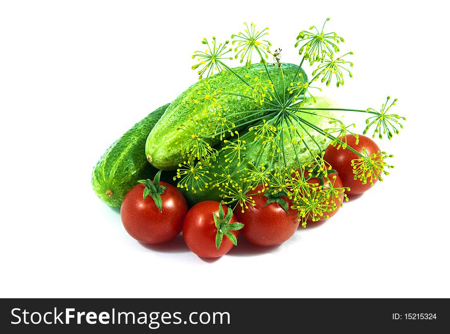 Fresh tomatoes cucumbers and dill isolated on white. Fresh tomatoes cucumbers and dill isolated on white