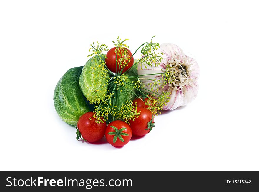 Fresh tomatoes cucumbers dill and garlic isolated on white