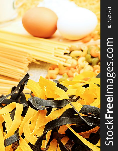 Food theme: colorful pasta, spagetti and eggs. Food theme: colorful pasta, spagetti and eggs.