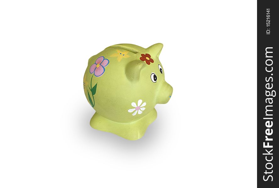 Small piggy bank on white background
