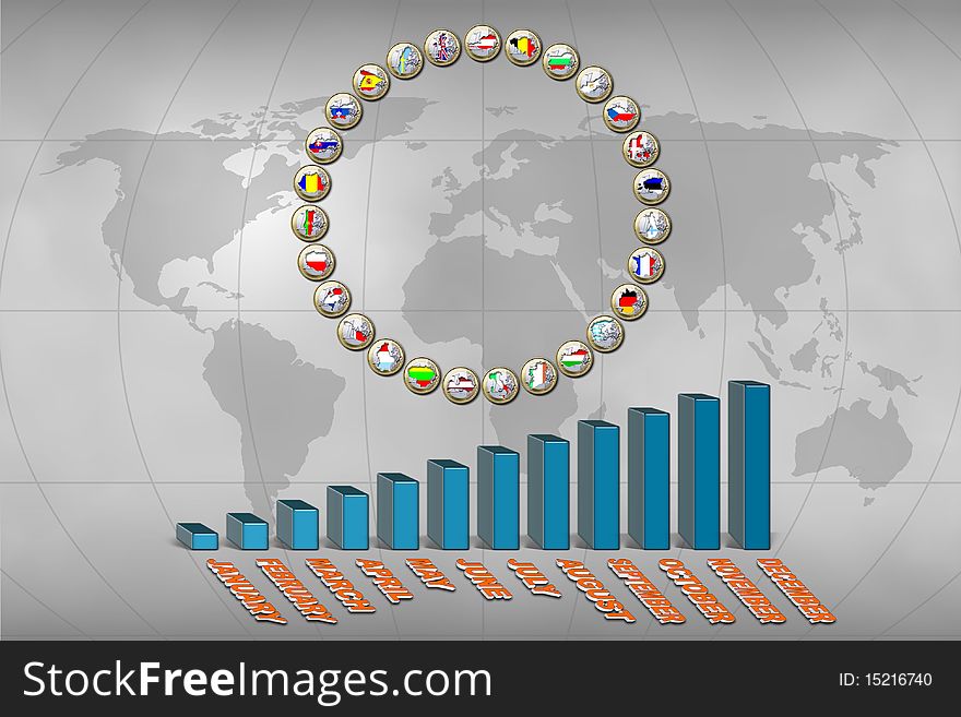 European Unions flags stamped in euro coins and statistics graphic. European Unions flags stamped in euro coins and statistics graphic