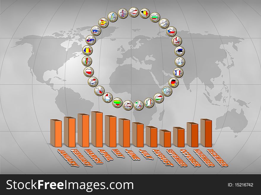 European Unions flags stamped in euro coins and statistics graphic. European Unions flags stamped in euro coins and statistics graphic