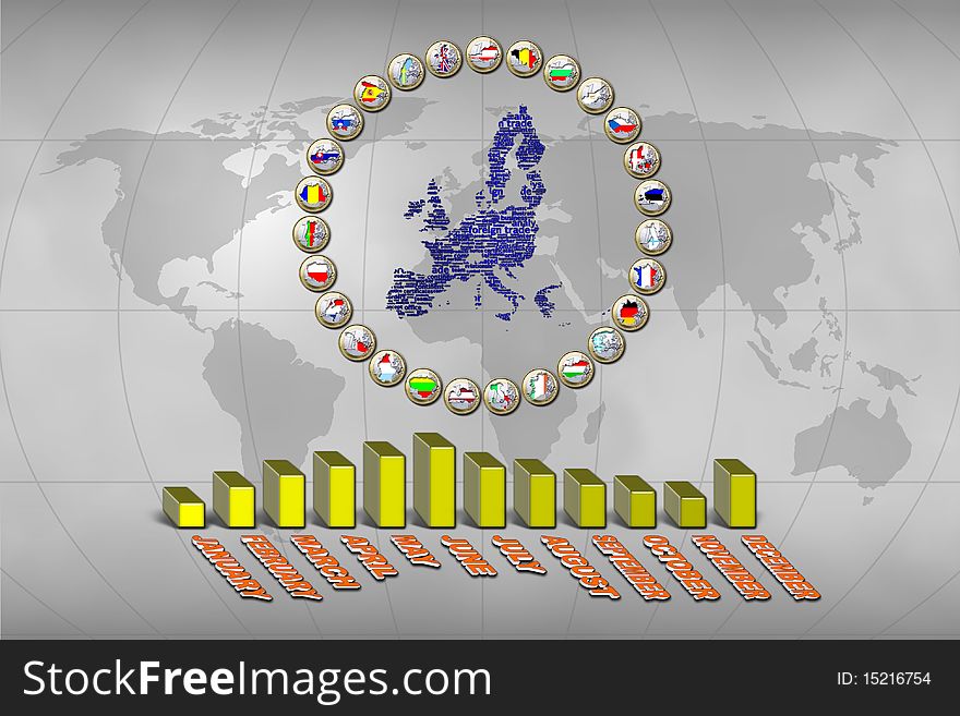 European Unions flags stamped in euro coins and statistics graphic. European Unions flags stamped in euro coins and statistics graphic