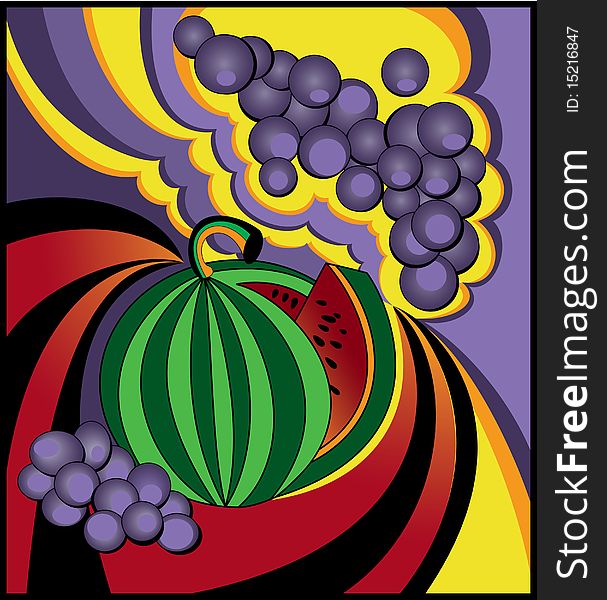 Abstract illustration of a watermelon cut and some grapes on colorful background. Abstract illustration of a watermelon cut and some grapes on colorful background