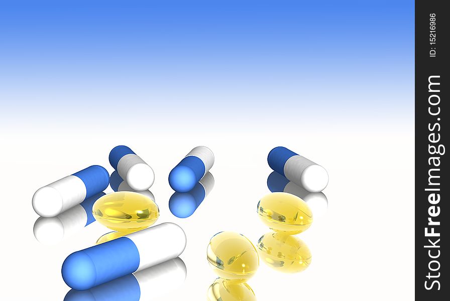 3D rendered blue-white and yellow pills on white glass support and blue background. 3D rendered blue-white and yellow pills on white glass support and blue background