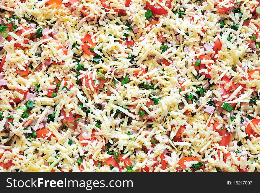 Bright background of tasty pizza with cheese. Bright background of tasty pizza with cheese