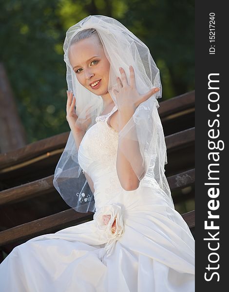 Portrait of happy young bride with veil posing outdoor. Portrait of happy young bride with veil posing outdoor