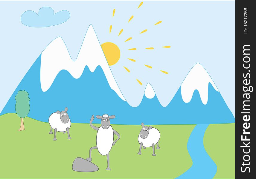 Lamb Greetings on Snowy Mountain background - abstract illustration
