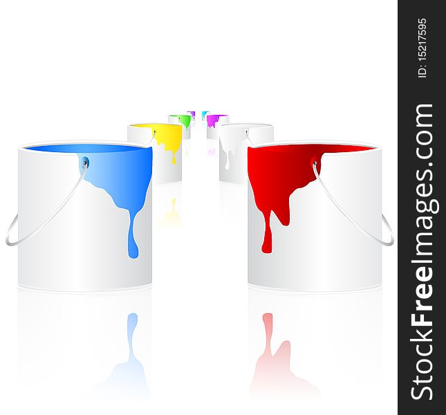 Illustration of buckets with paint over white background