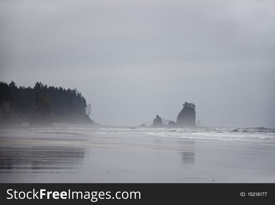 A grey, cloudy day along the Olympic Penisula coast, seastacks rising out of the surf. A grey, cloudy day along the Olympic Penisula coast, seastacks rising out of the surf.