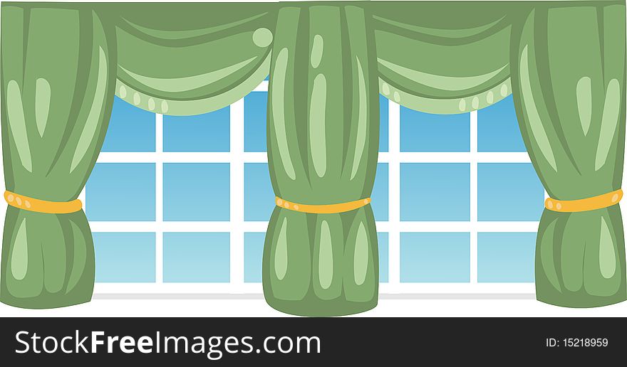 Window with green curtains Isolated