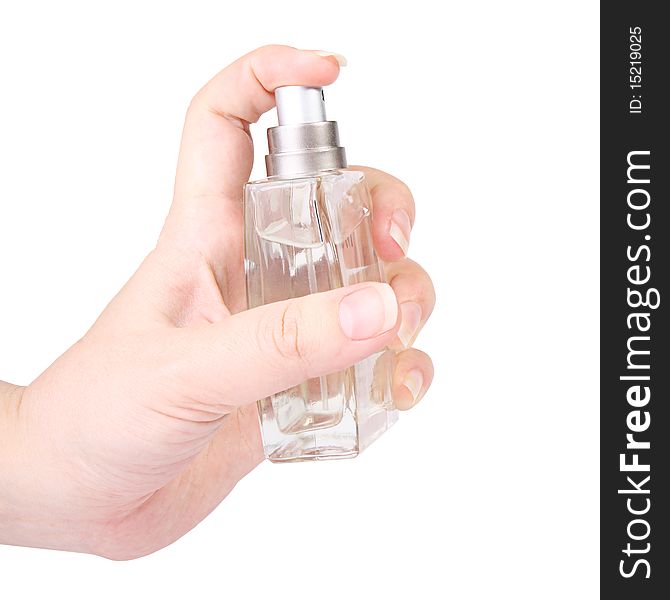 Perfume in hand on white background (isolated, clipping path)