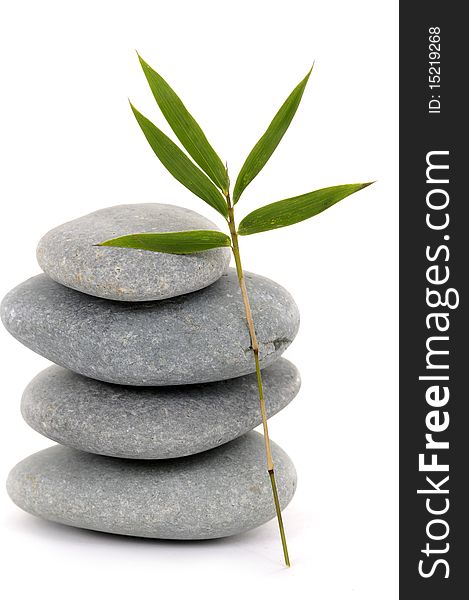 Still life –bamboo and stones  on white