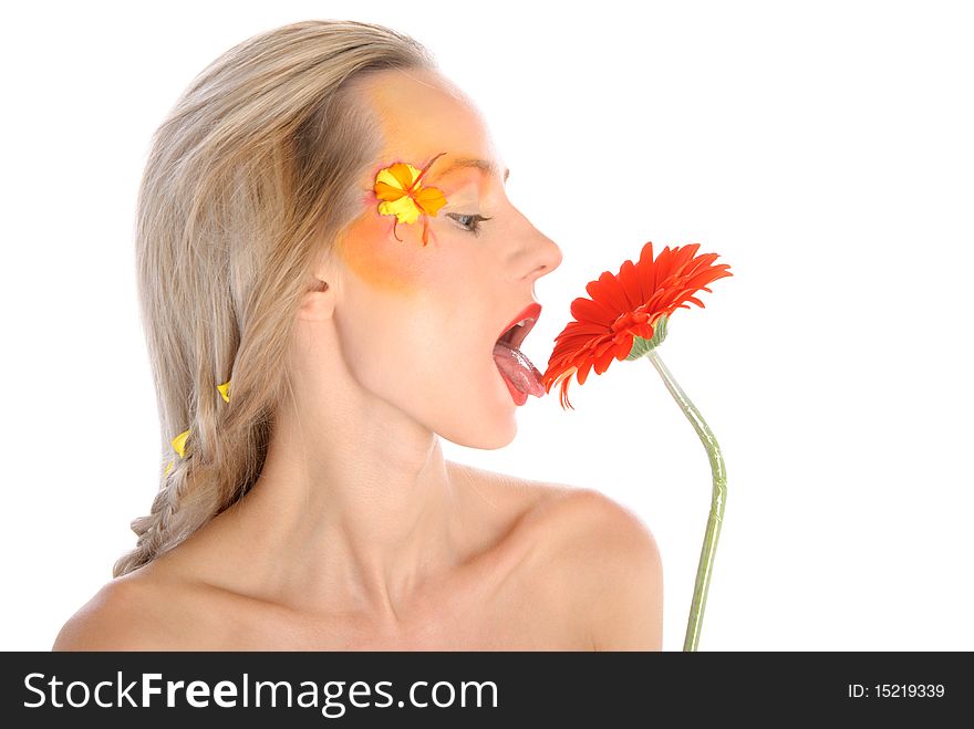 Young Woman Licks Flower