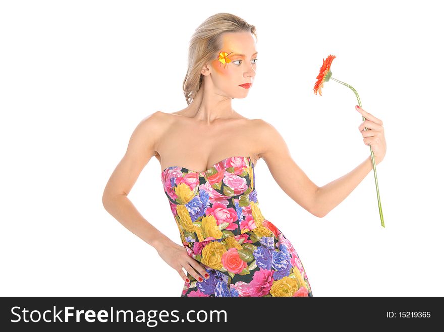 Young woman with red flower isolated in white