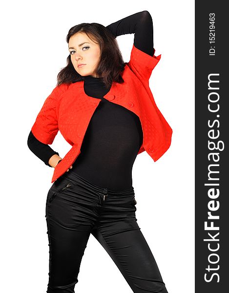 Beautiful posing girl in red-black clothes, isolated on white