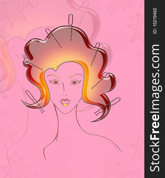 Illustration of  girl  with hairdressing accessories in her hair