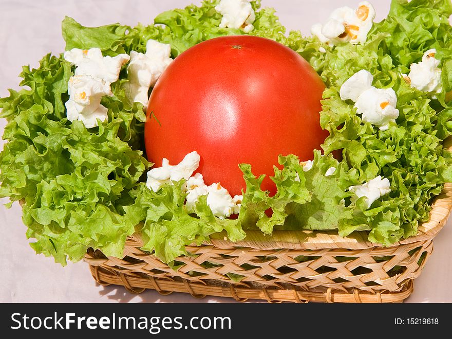 Dish with fresh summer vegetables: tomatos and salad