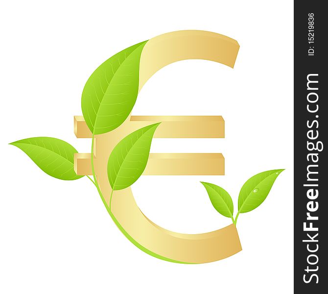 Gold euro sign with a green sprout. Vector illustration, isolated on a white.