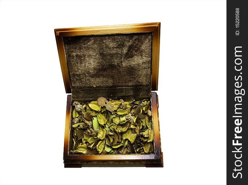 The wooden casket (handwork) covered with a varnish in which lies the dried vanilla. The wooden casket (handwork) covered with a varnish in which lies the dried vanilla