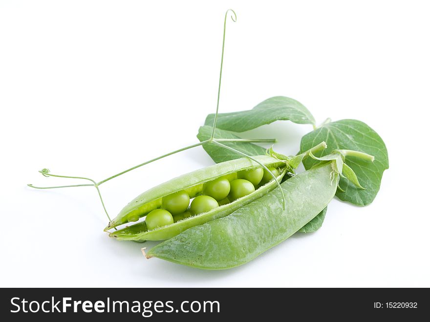 Fresh pea fruit with green leaf