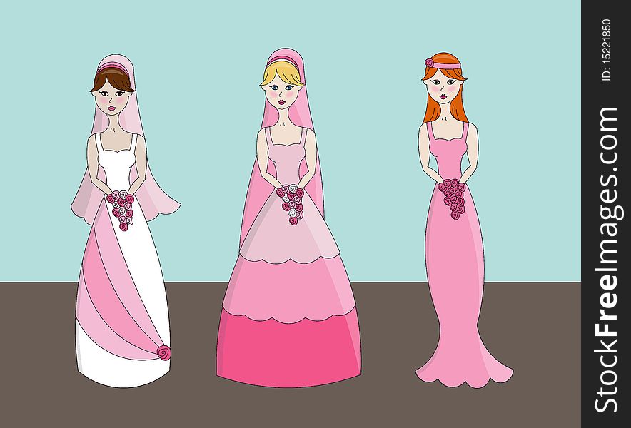 Illustration of three fashion modern brides in pink dresses. Illustration of three fashion modern brides in pink dresses.
