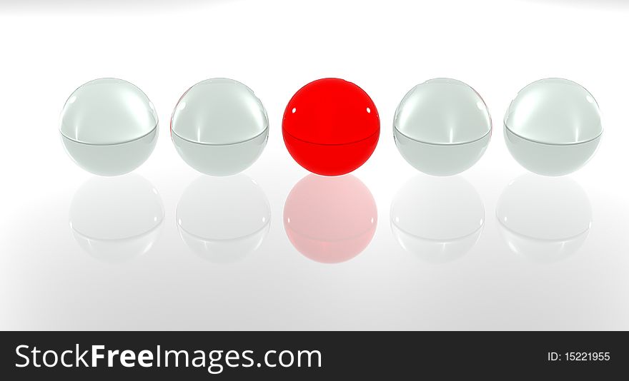 Five glass balls, four white and one red. Five glass balls, four white and one red