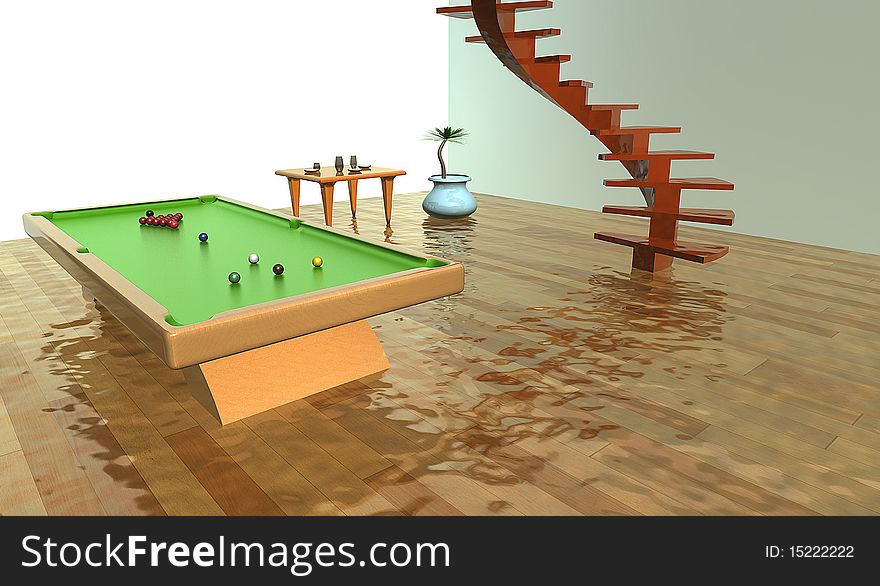 Room with wood stairs, table, flower and pool table. Room with wood stairs, table, flower and pool table