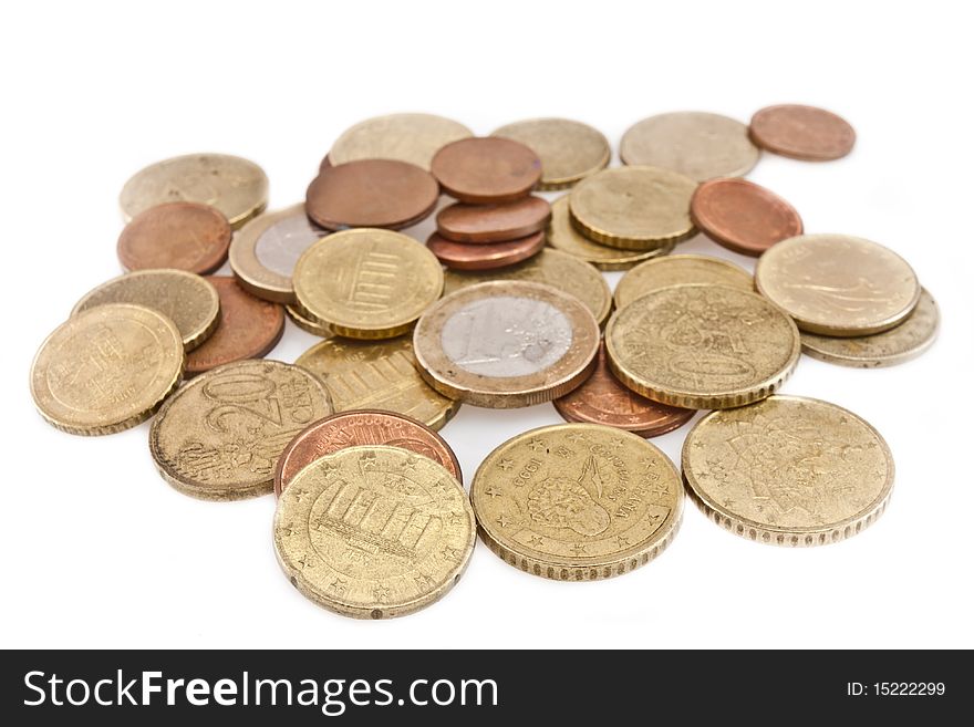 Euro and cent coins from the European Union isolated on white background. Euro and cent coins from the European Union isolated on white background