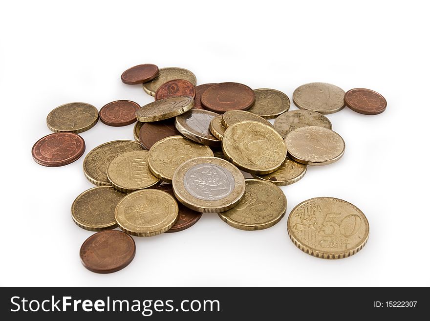 Euro and cent coins from the European Union isolated on white background. Euro and cent coins from the European Union isolated on white background