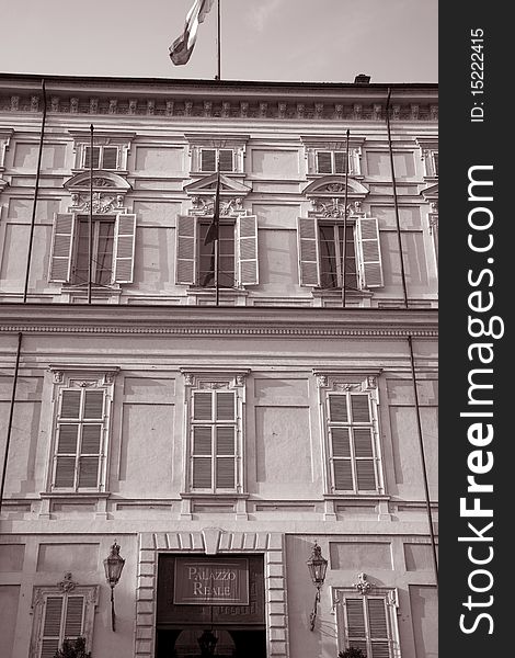 The Main Facade of the Royal Palace in Turin, Italy in Sepia Tone. The Main Facade of the Royal Palace in Turin, Italy in Sepia Tone