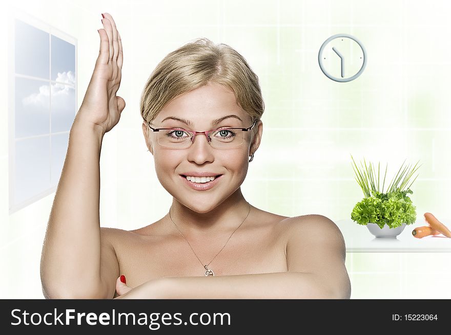 High key portrait of young beautiful woman in glasses. High key portrait of young beautiful woman in glasses