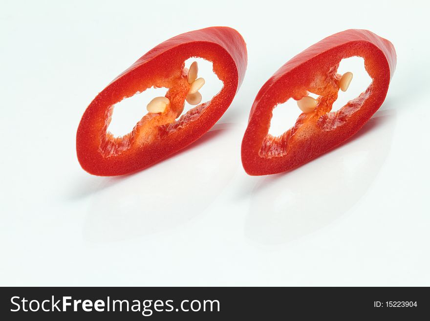 Slices of red chili on a white plate