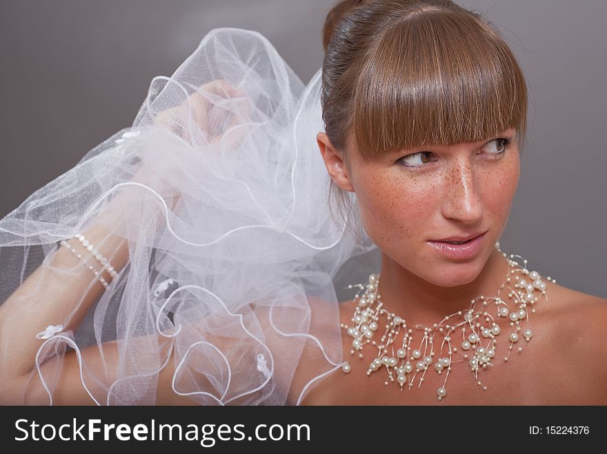 Portrait of beautiful bride with veil over grey background