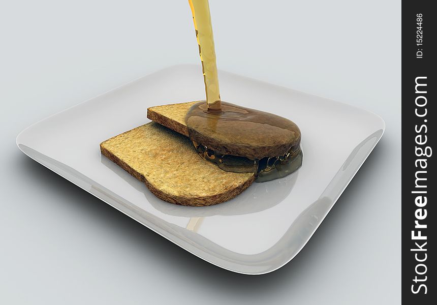 3D Rendered image of bread with honey in a plate. 3D Rendered image of bread with honey in a plate