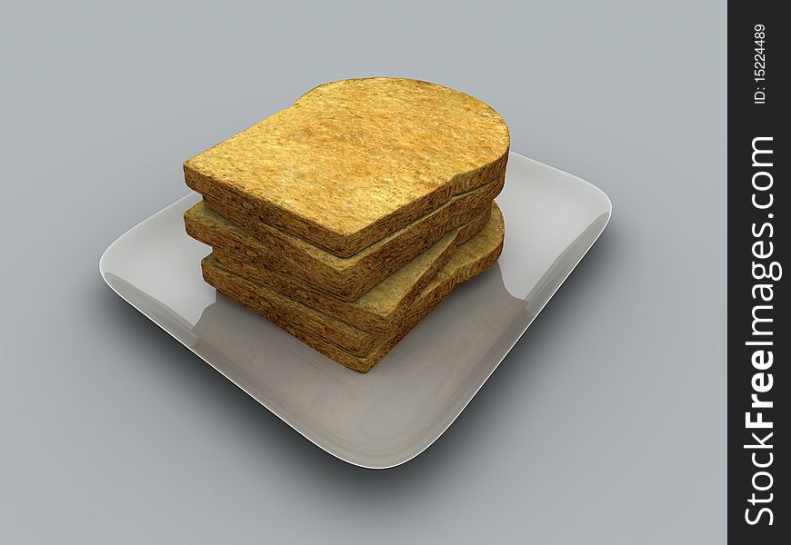 3D Rendered image of Couple slices bread in a plate