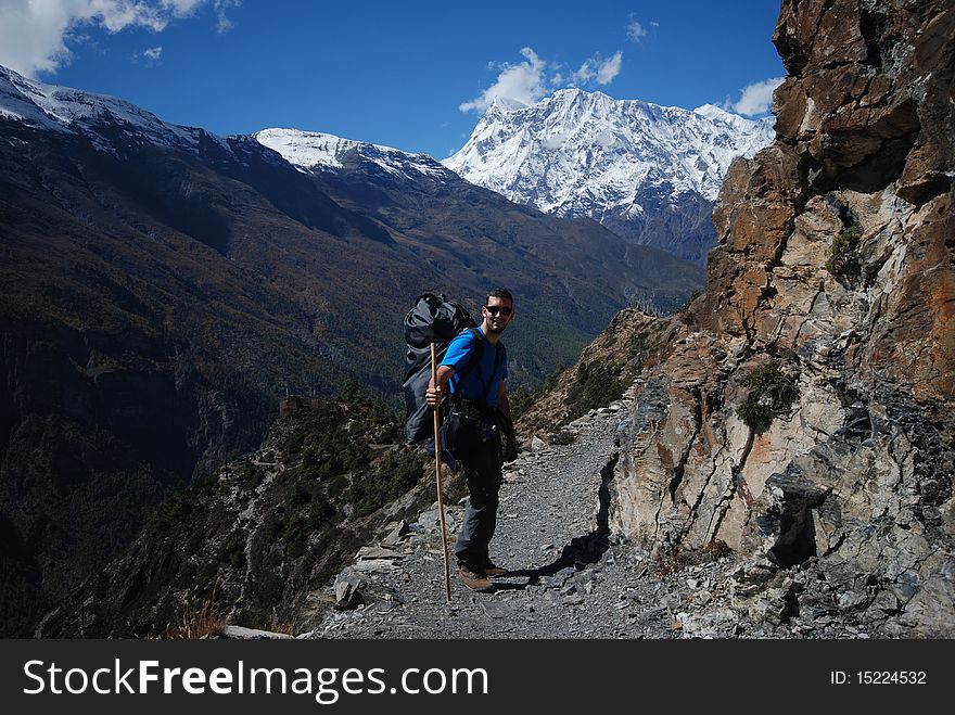 A backpacker in the mountains of Nepal