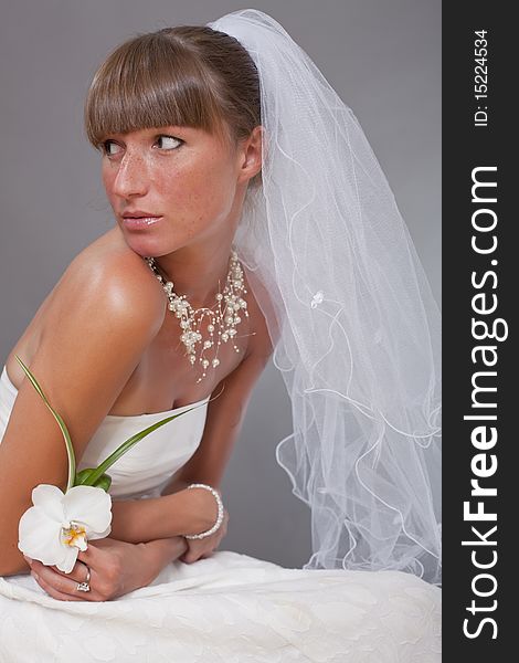 Sensual bride with veil and flower posing in studio