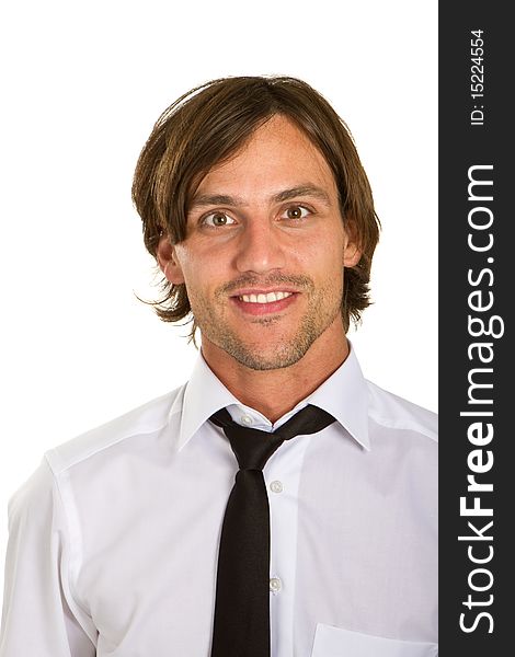 Young businessman isolated over white background with a black tie and longer hair. Young businessman isolated over white background with a black tie and longer hair.