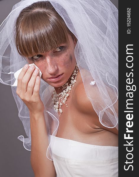Portrait of crying bride with a handkerchief. Portrait of crying bride with a handkerchief