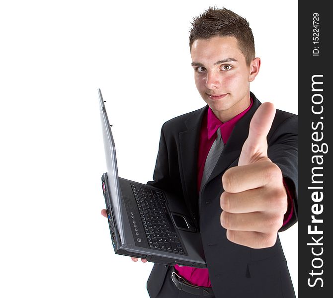 Young teenage businessman with laptop over isolated white background. Fresh young man with pink shirt.